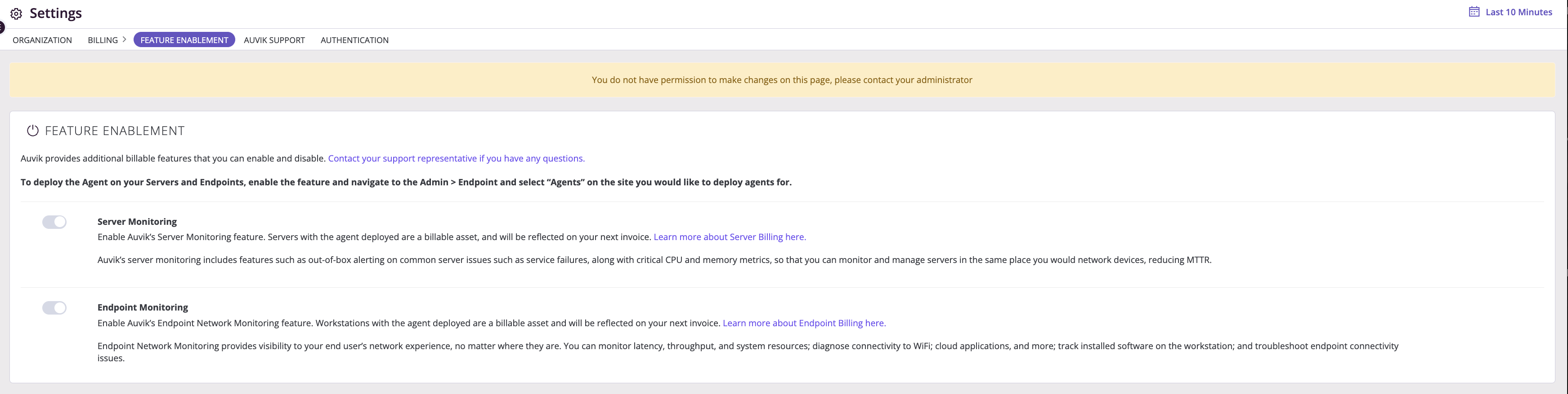 Feature Enablement page