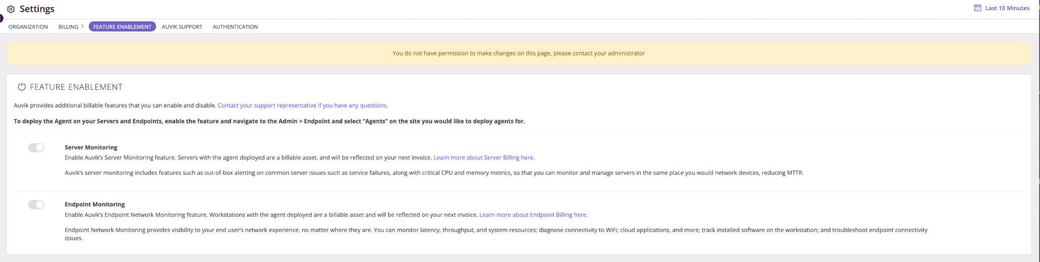 Feature Enablement page